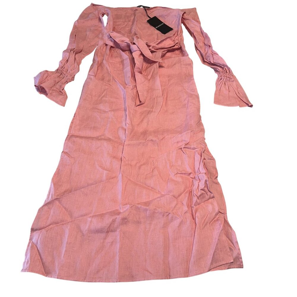 NWT SELMACILEK Pink 100% Linen Caftan Off Shoulder Midi Dress Women's Small S